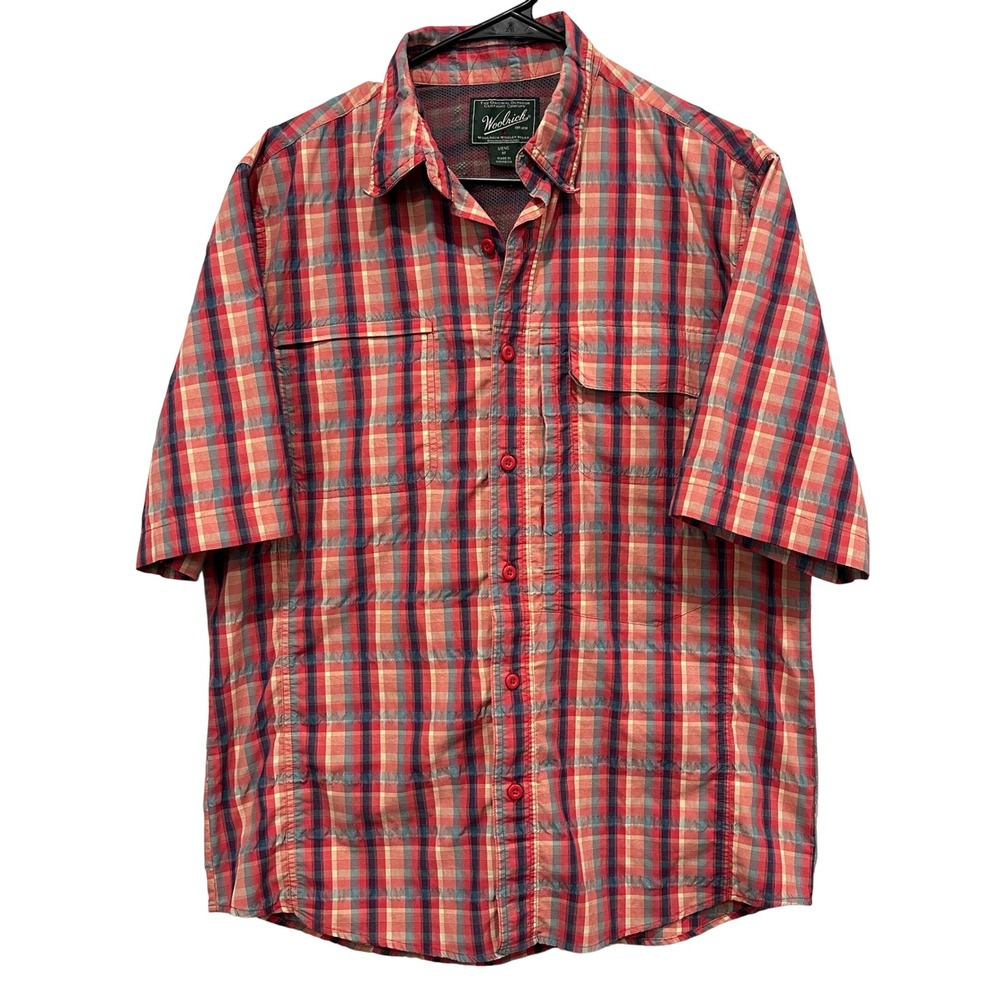 Woolrich Men Medium Short Sleeve Plaid Hiking Fishing Shirt Red Vented Mesh
